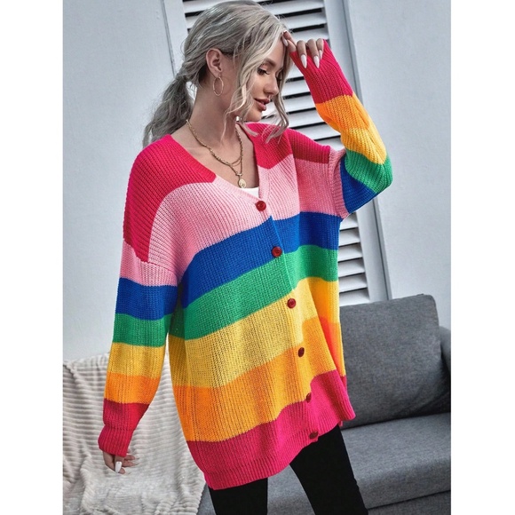 Colorblock Multicolor Long Button Up Knit Cardigan V-Neck - Picture 5 of 7